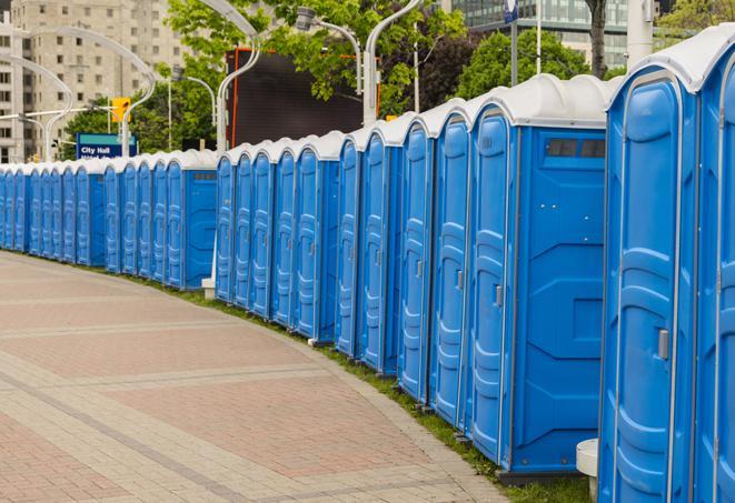 a line of portable restrooms set up for a wedding or special event, ensuring guests have access to comfortable and clean facilities throughout the duration of the celebration in Glen Ridge, NJ